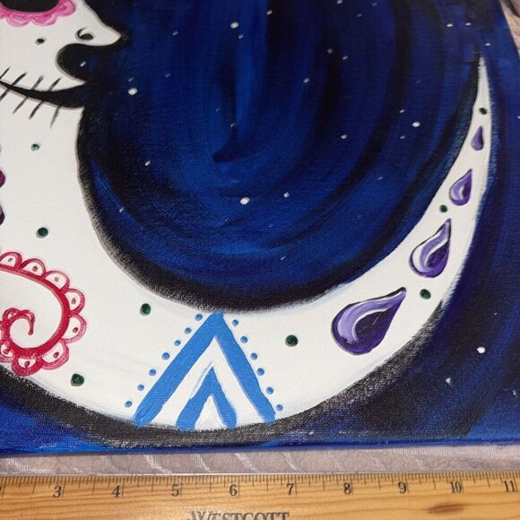 Day of The Dead Spooky Crescent Sugar Skull Moon Acrylic Painting on Canvas - Picture 3 of 10